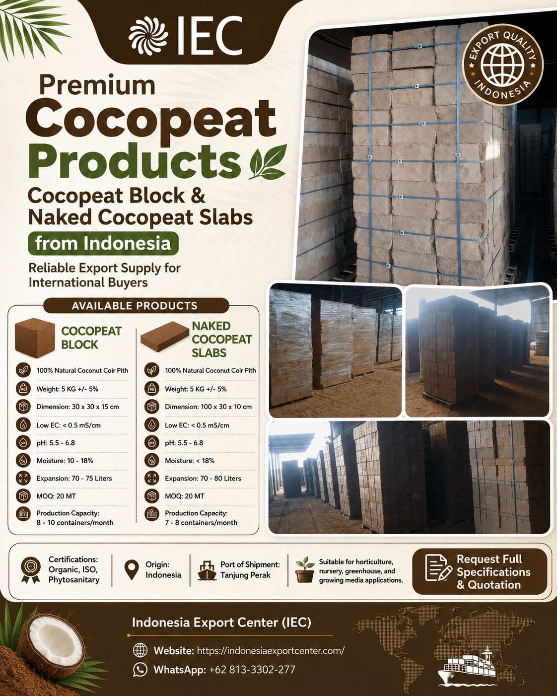 Cocopeat Supplier/Exporter Indonesia | 5kg Blocks & Naked Slabs