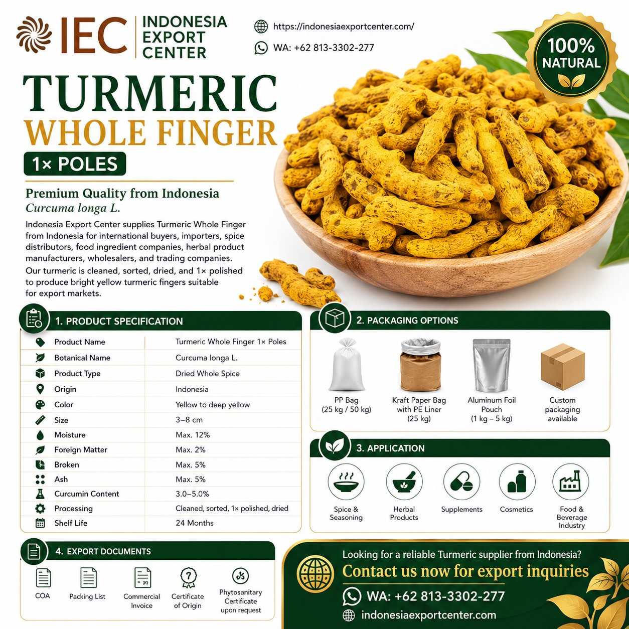 Turmeric Whole Finger 1× Poles from Indonesia
